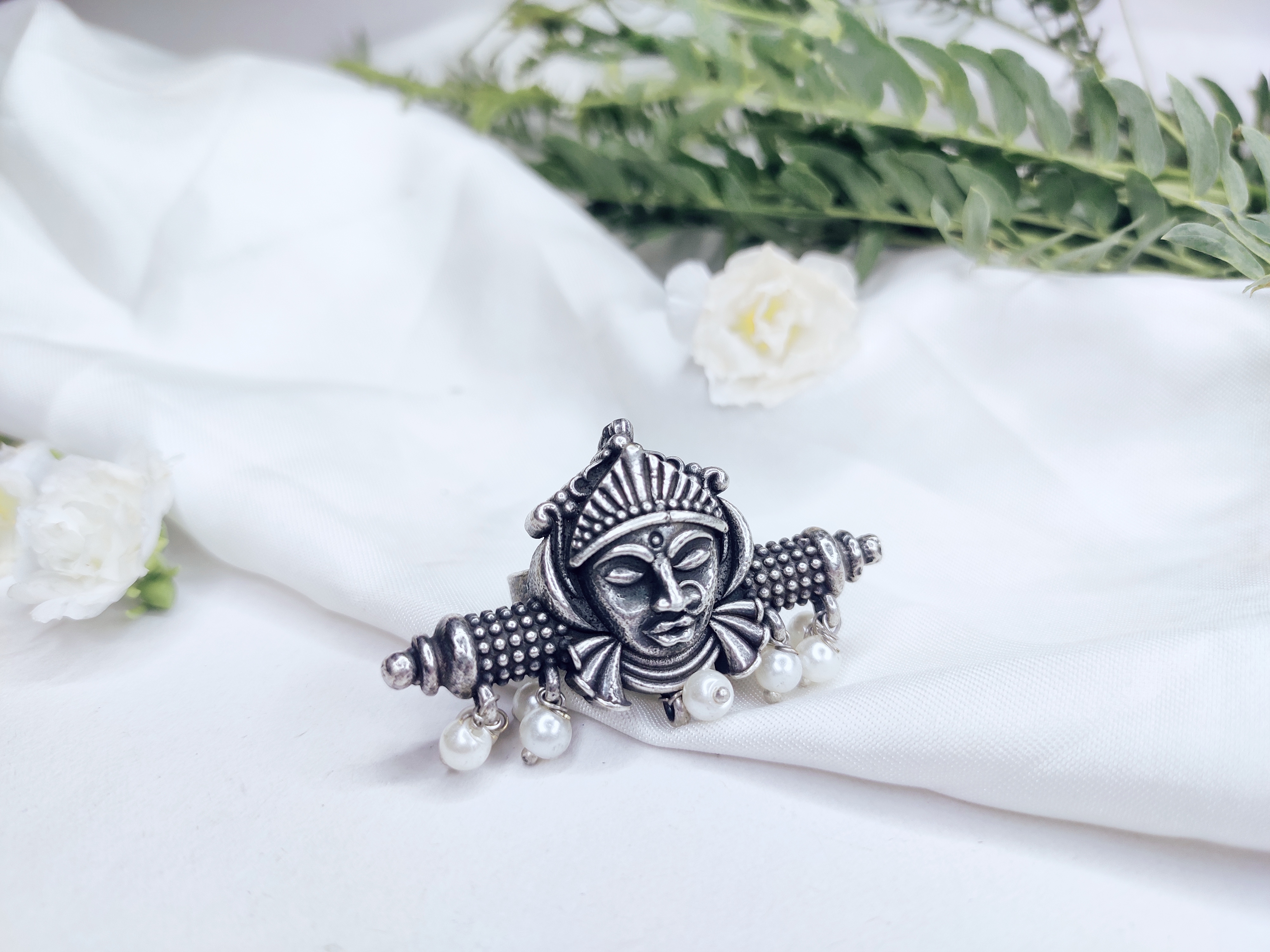 The Gajban "Devi" Oxidized Silver & Pearl Ring – A Divine Embrace