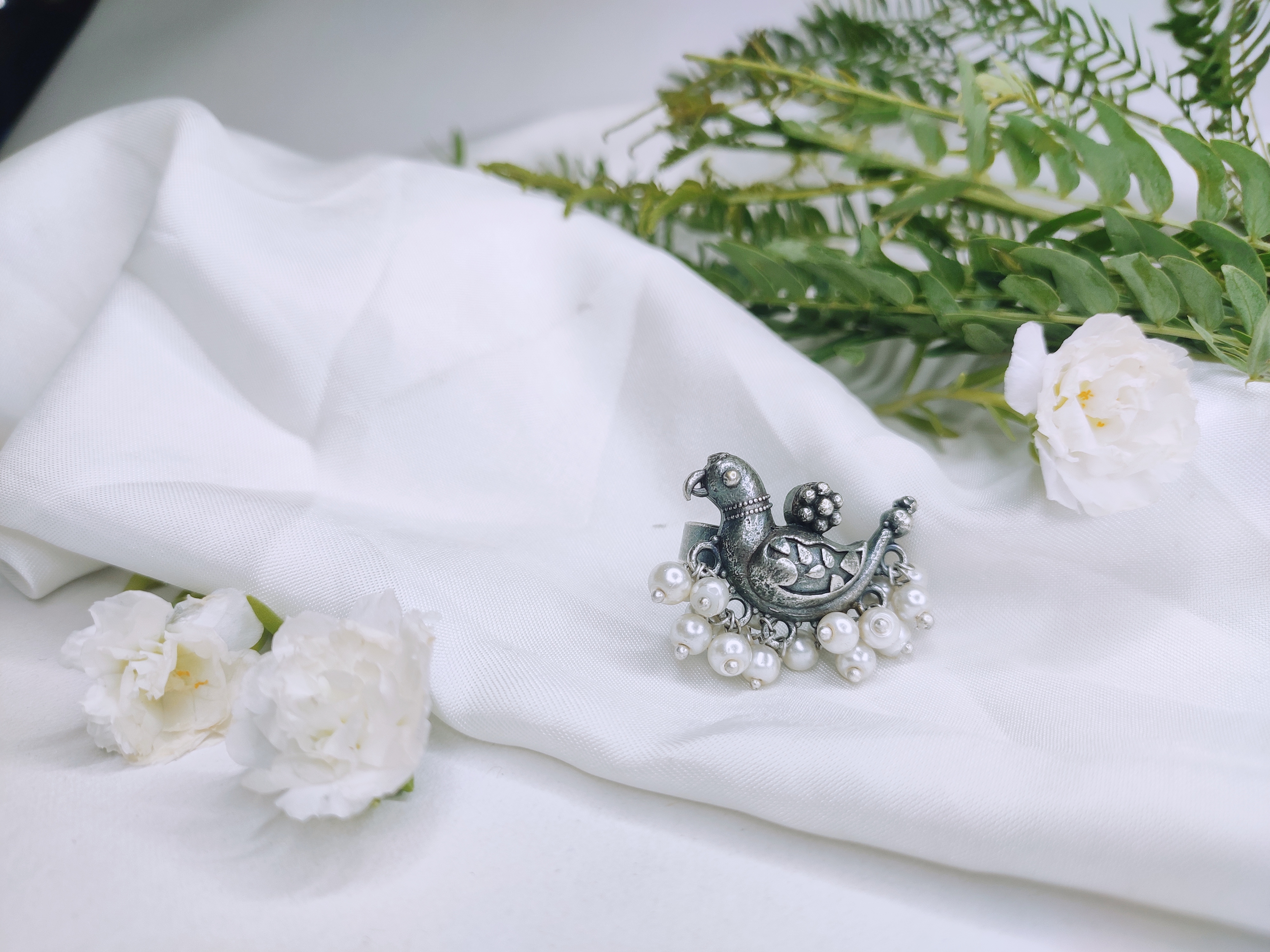  "Dance of Elegance: The Gajban Creation Peacock & Pearl Oxidized Silver Ring"