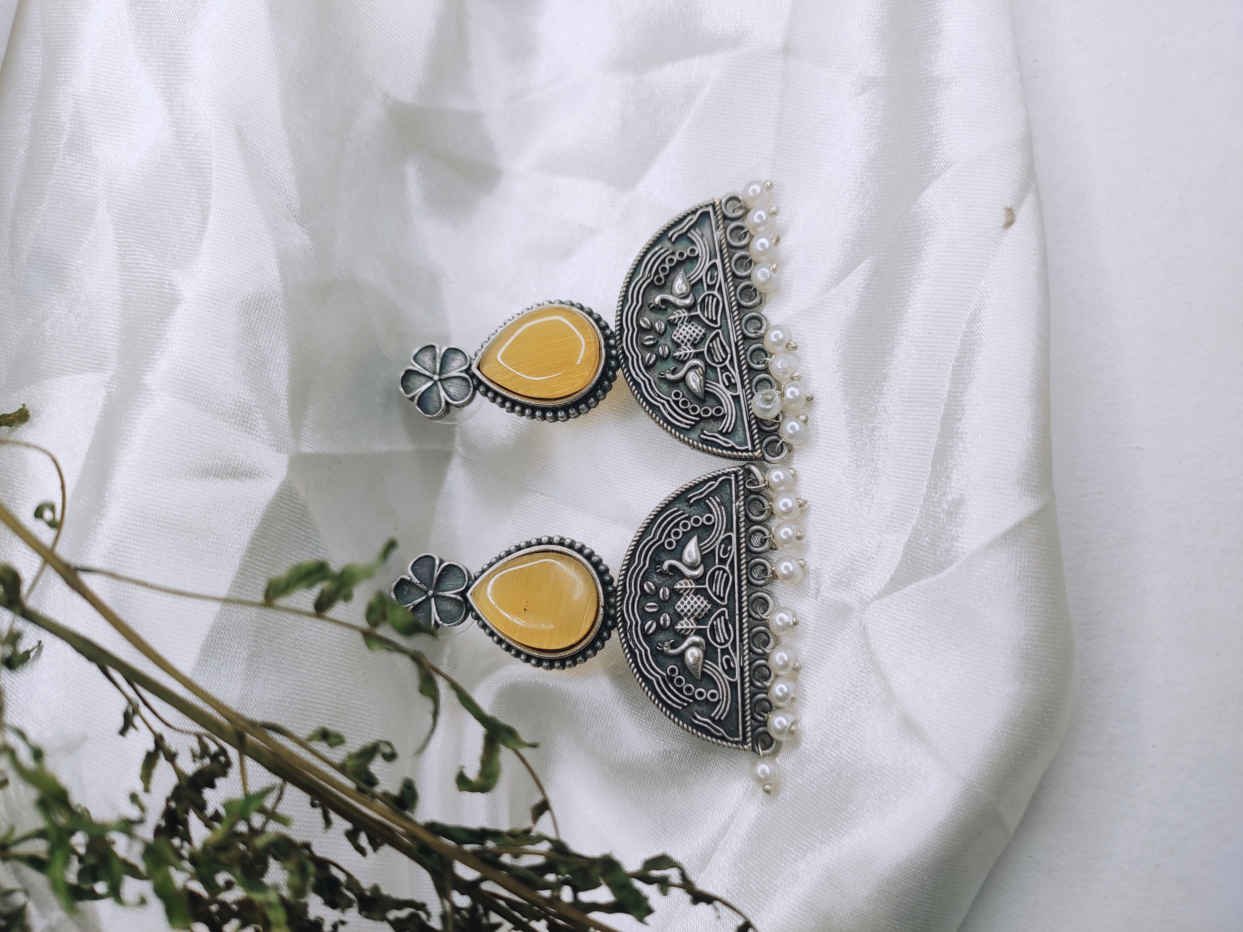 Gajban Creation's Silver Jhumkas with Hand-Carved Details