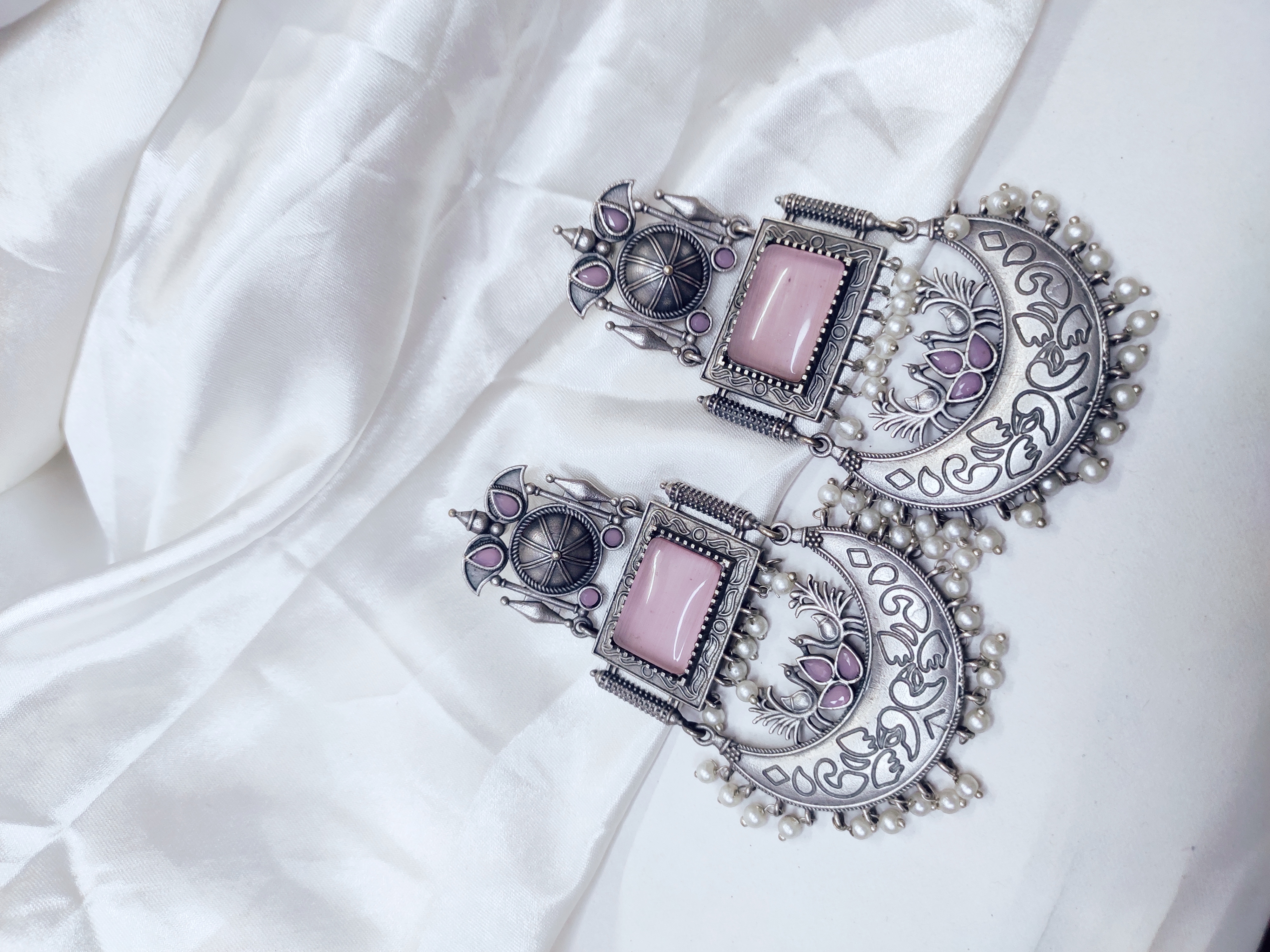 Chandrani Opulence: Handcrafted pure brass & Rose Quartz Earrings"