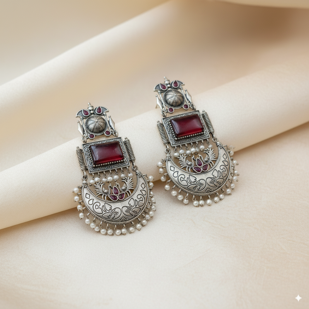 The Gajban Creation Pure Brass Silver & Monalisa stone Delight Earrings"
