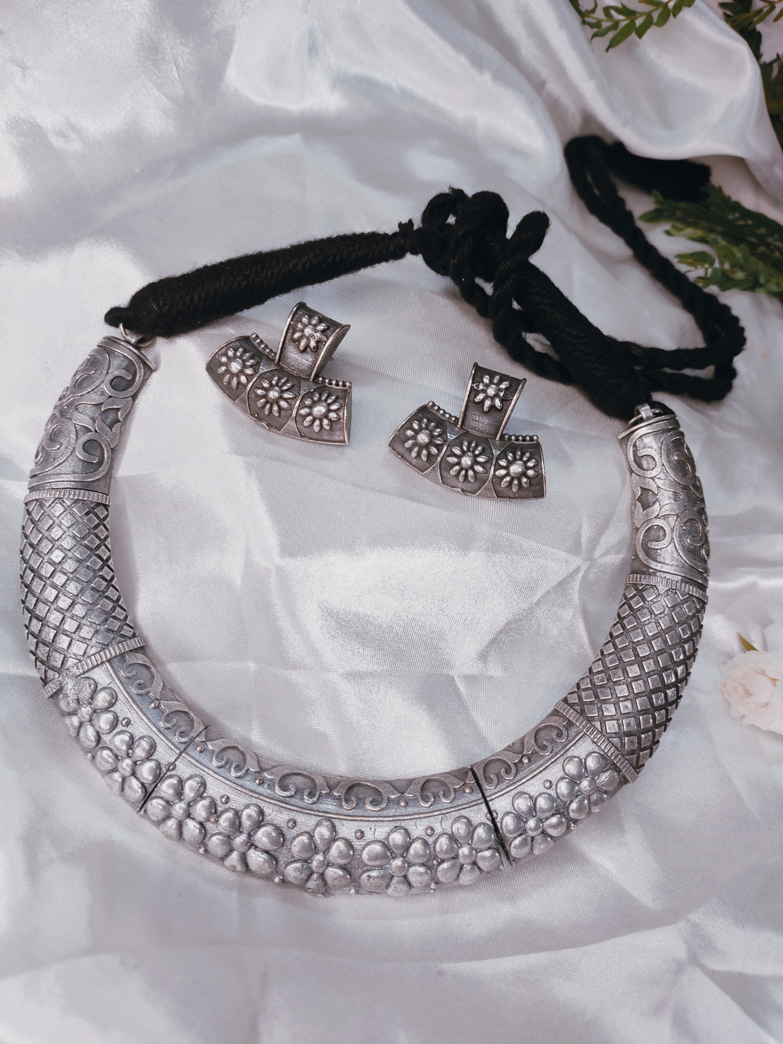  Embrace Heritage: The Gajban Creation Oxidized Silver Floral Choker Set