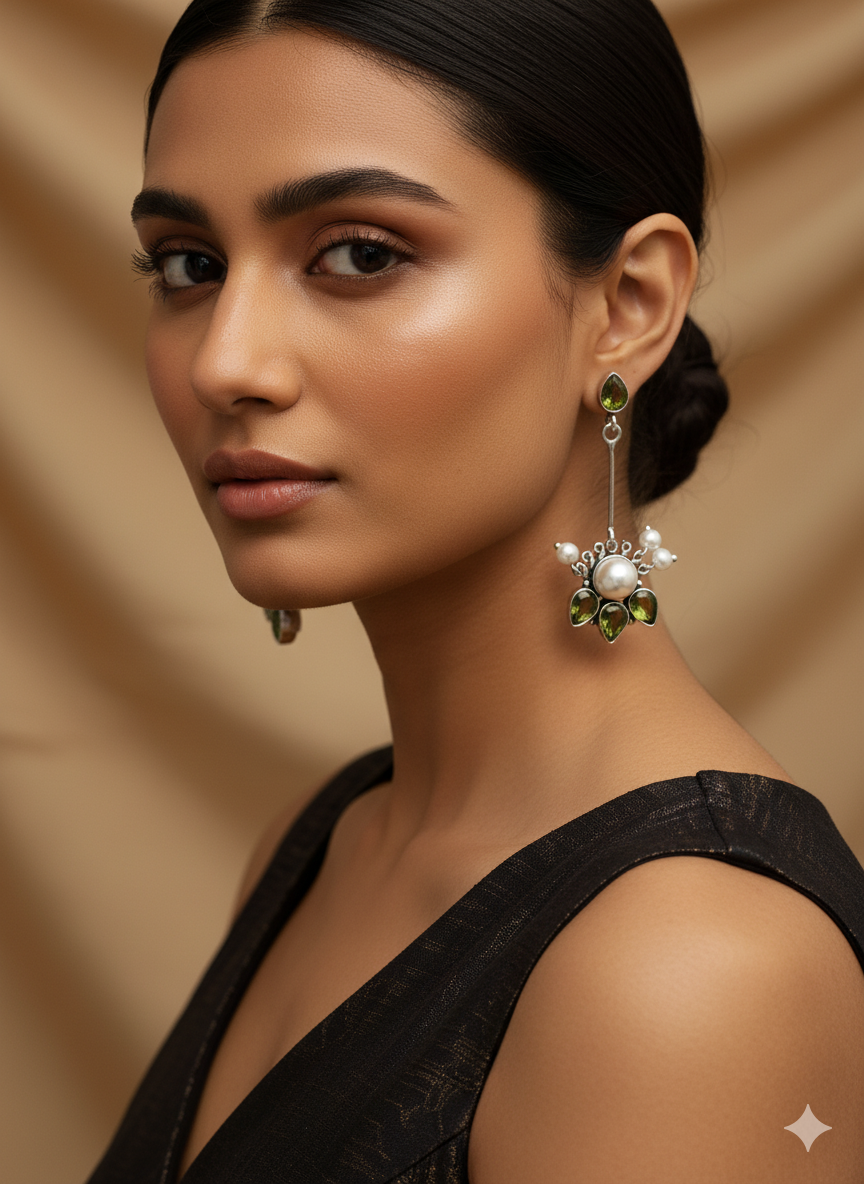 Exquisite Pearl & Gemstone Drop Earrings - Handcrafted Silver Jewellery by Gajban Creations